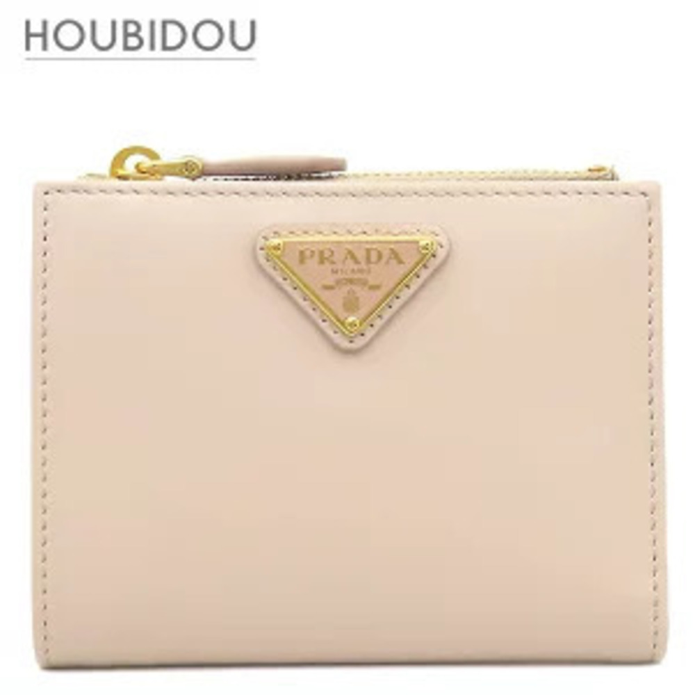 Prada Bi fold Wallet Triangle Compact Leather Beige Cream Pink